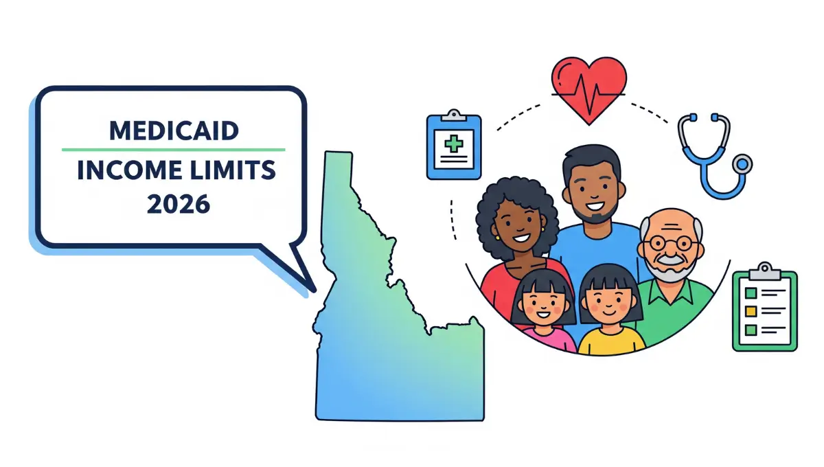 Infographic of Idaho Medicaid income limits 2026 with Idaho map and diverse family