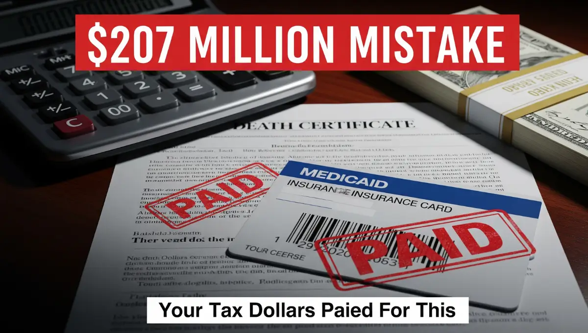 Medicaid card on death certificate showing $207 million improper payments for deceased enrollees discovered in federal audit