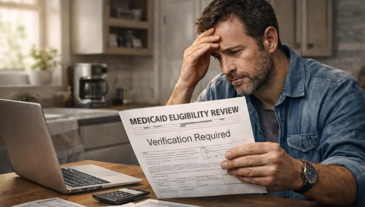Person reviewing Medicaid eligibility verification paperwork at home as states expand audits following improper payment findings.
