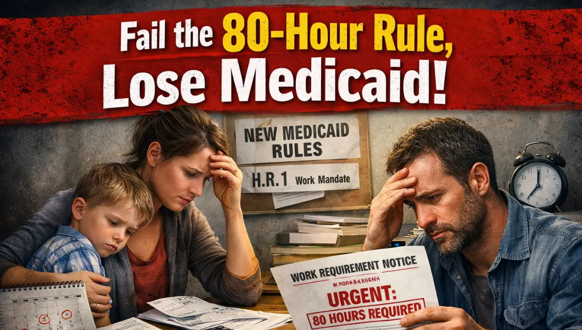 Worried parents reviewing a Medicaid work requirement notice showing an urgent 80-hour monthly rule that could cause coverage loss under H.R. 1.