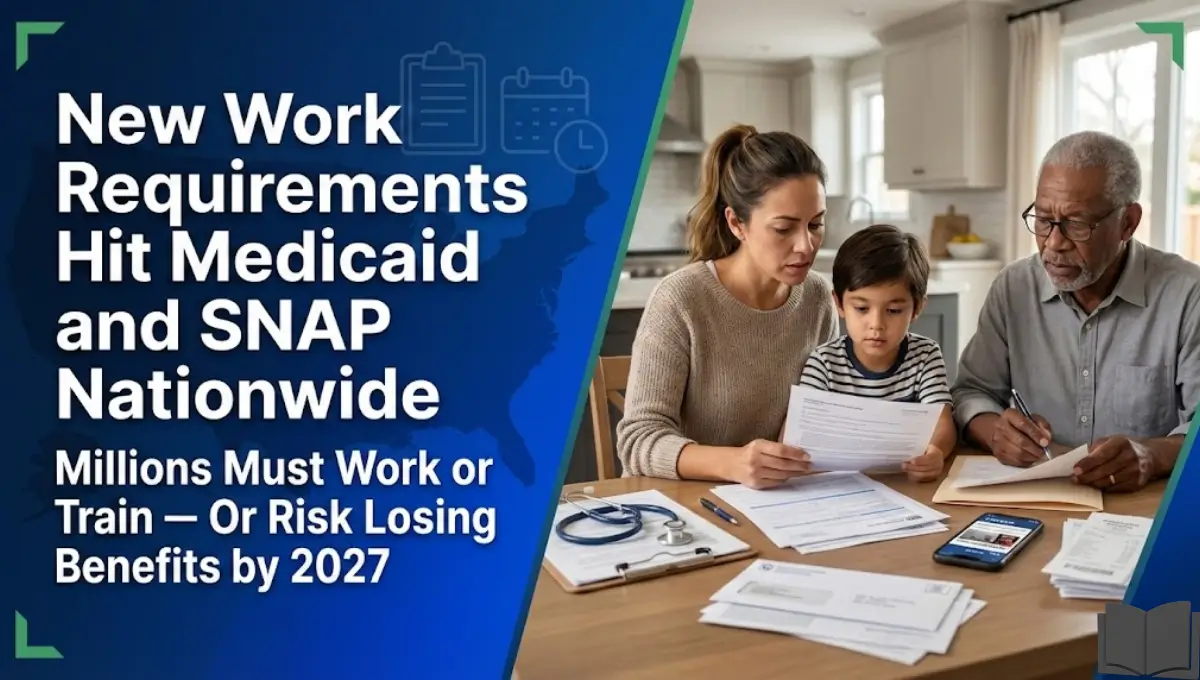 Diverse American family reviewing government benefit paperwork at a kitchen table as new Medicaid and SNAP work requirements take effect nationwide.