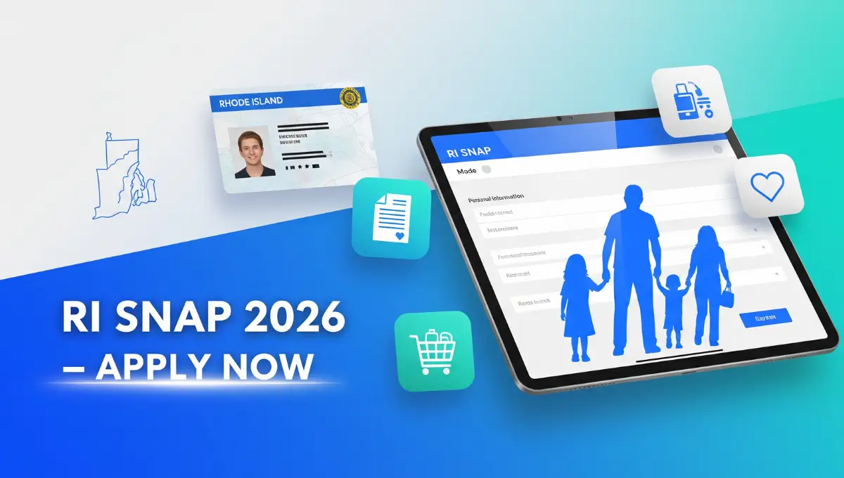 Modern featured image showing Rhode Island SNAP application 2026 with digital form icons, ID documents, and bold movie-style title.