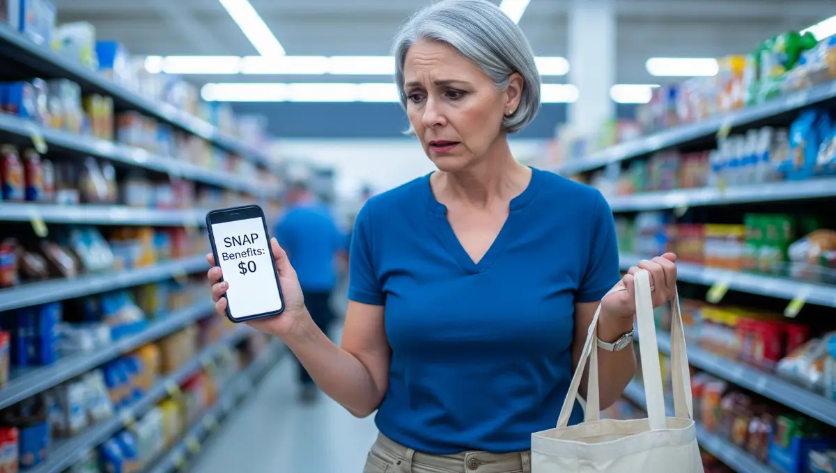 Woman checks empty SNAP food stamp benefits on phone in grocery store after new December 2025 work requirements take effect