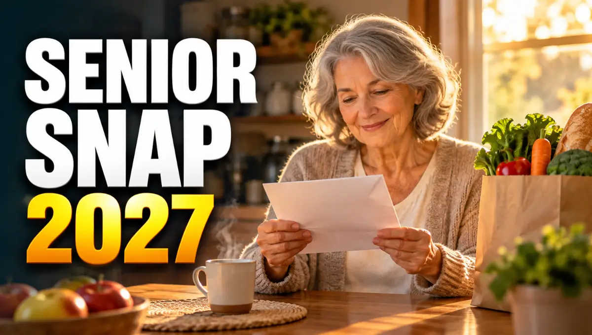 Older woman reading a letter at her kitchen table with groceries, illustrating SNAP benefits for seniors over 60 in 2026–2027