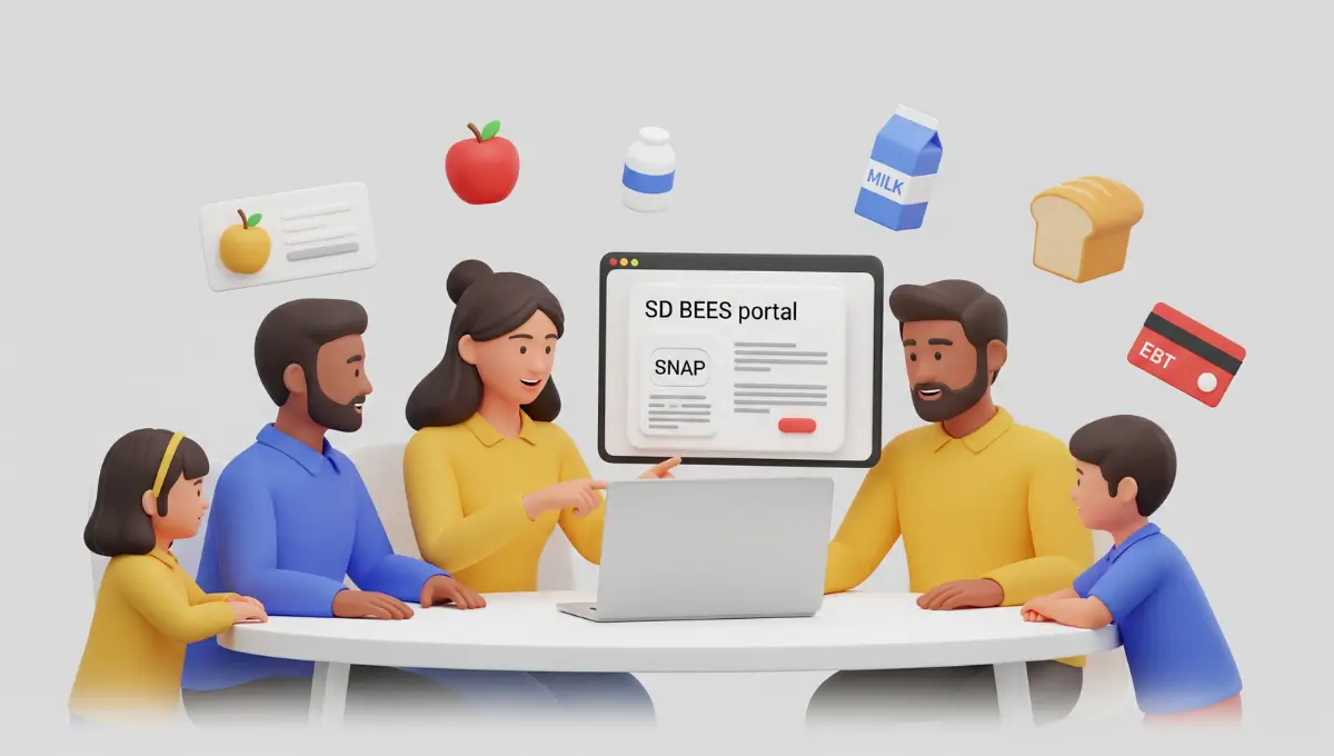 Modern 3D illustration of a family applying for South Dakota SNAP benefits online through the SD BEES portal.