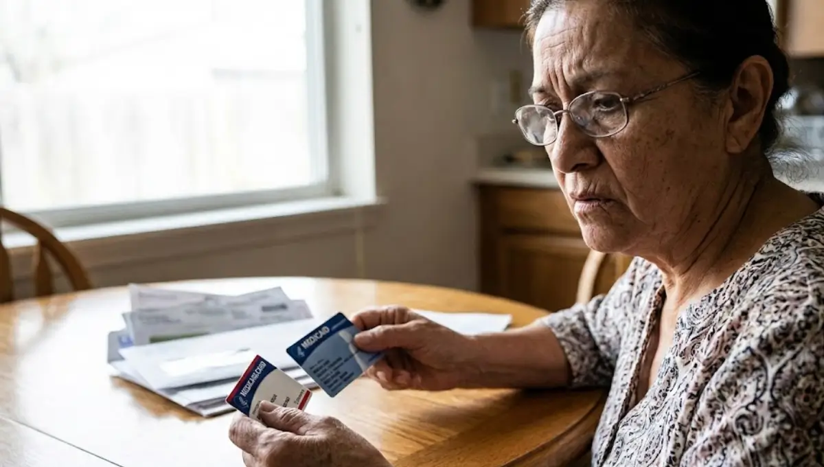 Confused senior woman holding Medicare and Medicaid cards while reviewing medical paperwork at home, showing concern about dual coverage changes in Texas