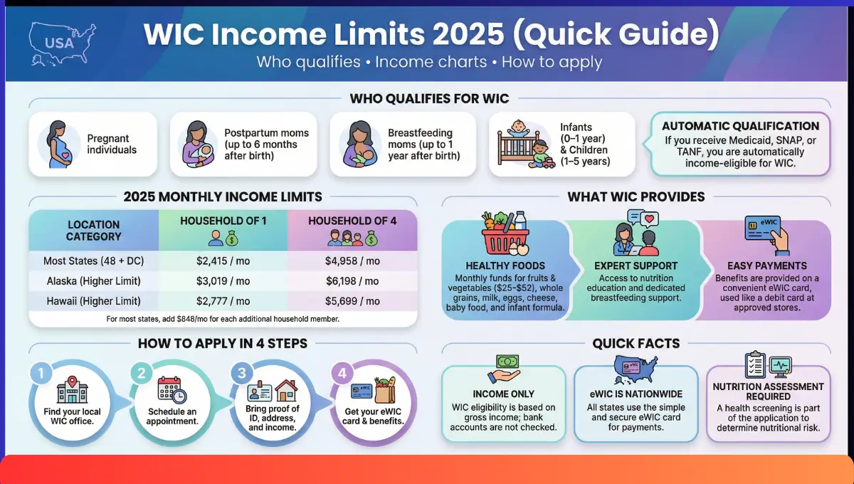 Modern infographic summarizing 2025 WIC income limits, eligibility rules, benefit amounts, and quick steps to apply, with colorful icons and simplified charts for fast viewing.