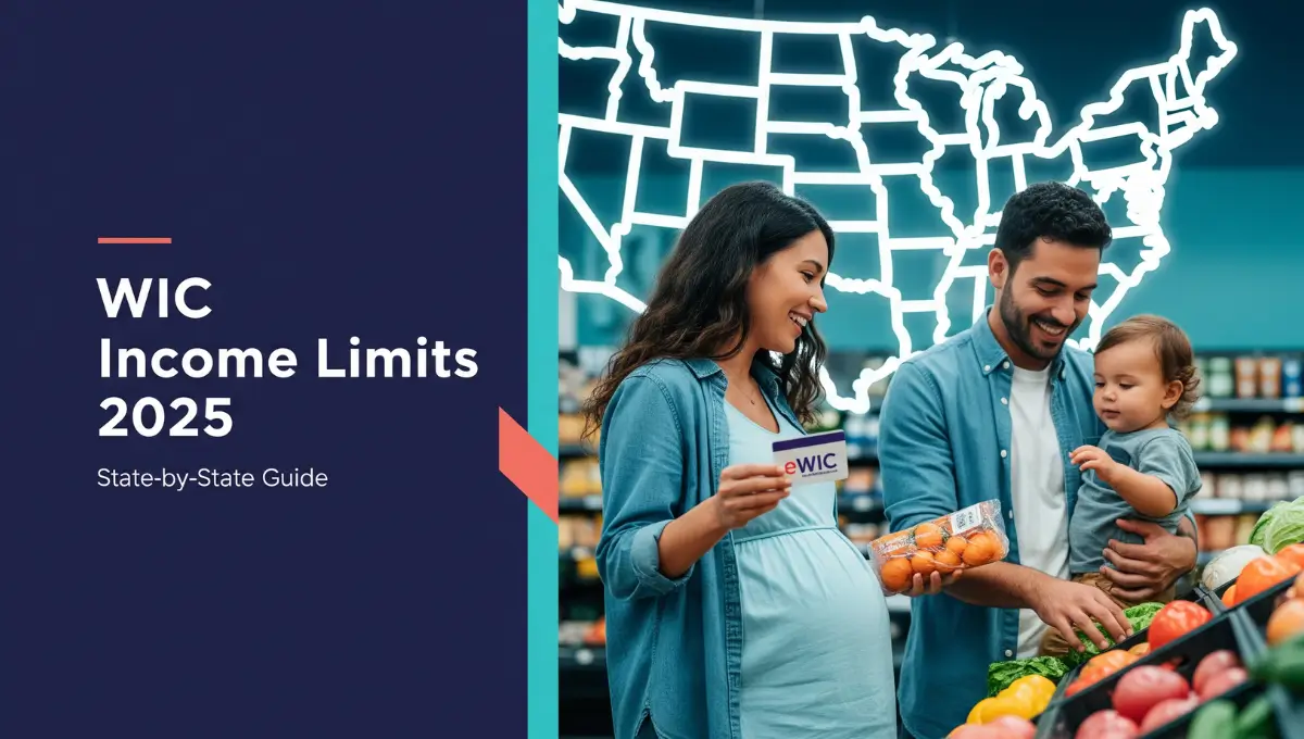 Diverse family in a grocery produce aisle holding an eWIC card with minimal ‘WIC Income Limits 2025’ title and a subtle U.S. map backdrop.