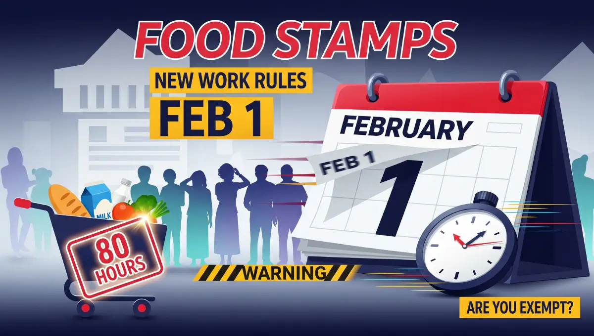 Calendar showing February 1, 2026 with shopping cart and clock, illustrating urgent SNAP work requirement changes affecting food stamp recipients with text showing new 80-hour monthly rules