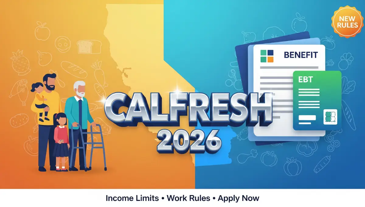 CalFresh 2026 eligibility guide showing California families, income limits, work requirements, and EBT benefits application information
