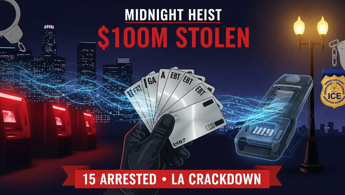 Vector illustration showing EBT card skimming operation arrest in Los Angeles with 15 suspects caught stealing benefits from families