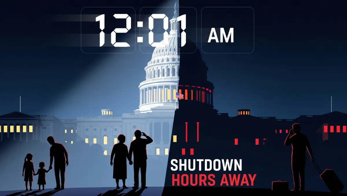Animated vector image of U.S. Capitol at night with countdown clock symbolizing partial government shutdown deadline