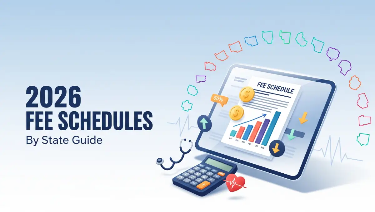 Medicaid fee schedule 2026 showing state-by-state payment rates with calculator and digital screen illustration