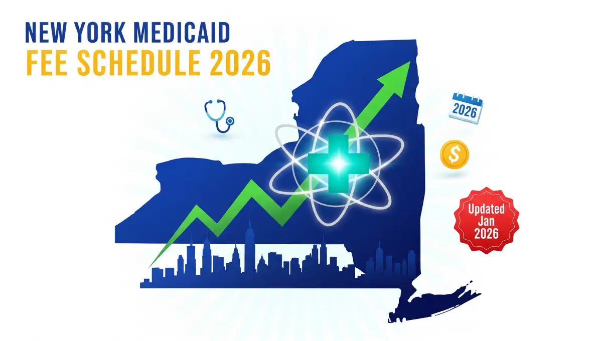 New York Medicaid Fee Schedule 2026 with rate increase graph and medical symbols vector illustration