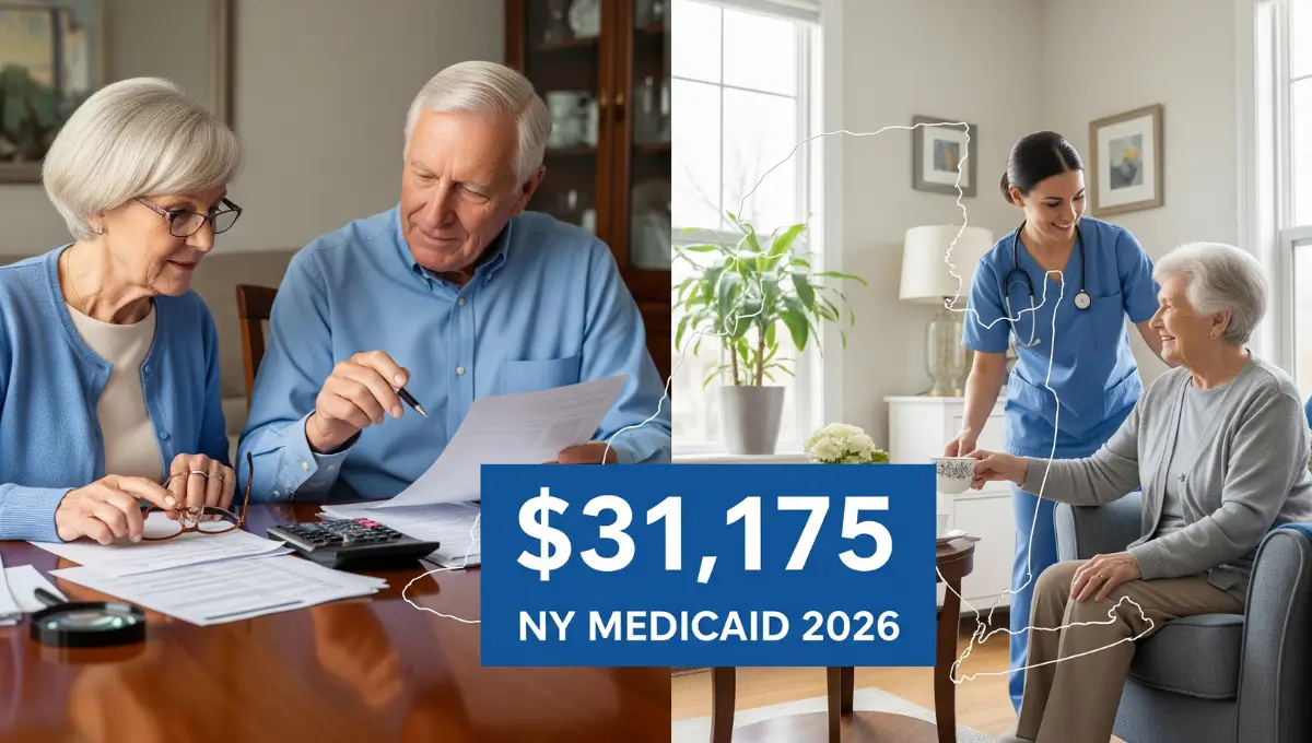 New York Medicaid 2026 income and asset limits eligibility guide showing senior couple reviewing financial documents for long-term care coverage