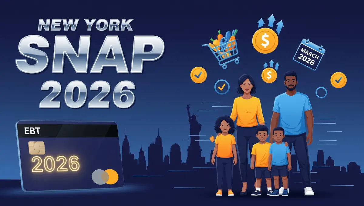New York SNAP eligibility 2026 vector illustration showing income limits and work requirements with NYC skyline and EBT card