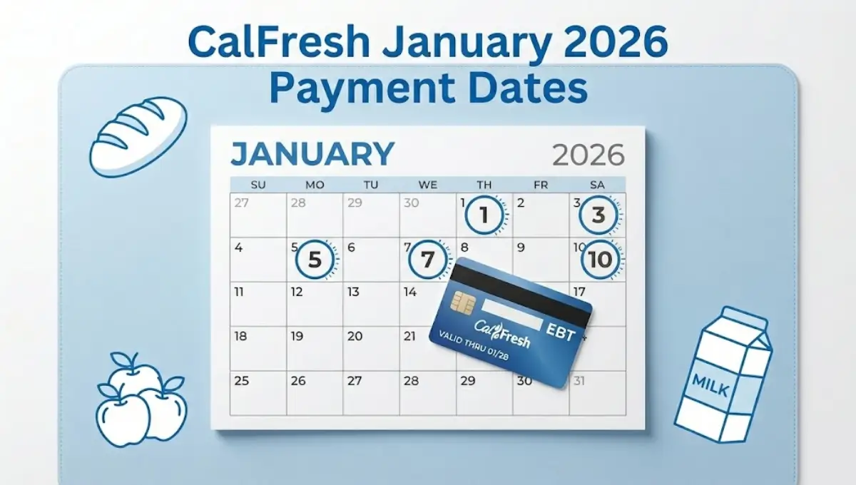 January 2026 SNAP and CalFresh payment dates calendar with EBT card and grocery icons
