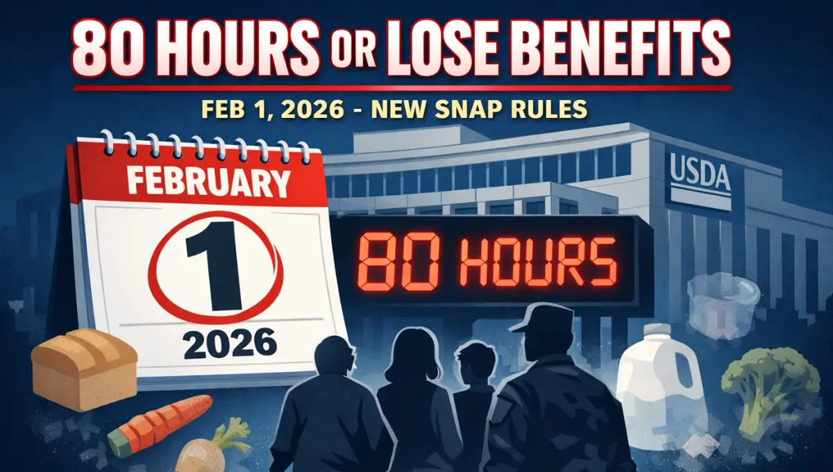 SNAP work requirements February 2026 showing 80 hours monthly rule with calendar marking Feb 1 deadline and concerned recipients