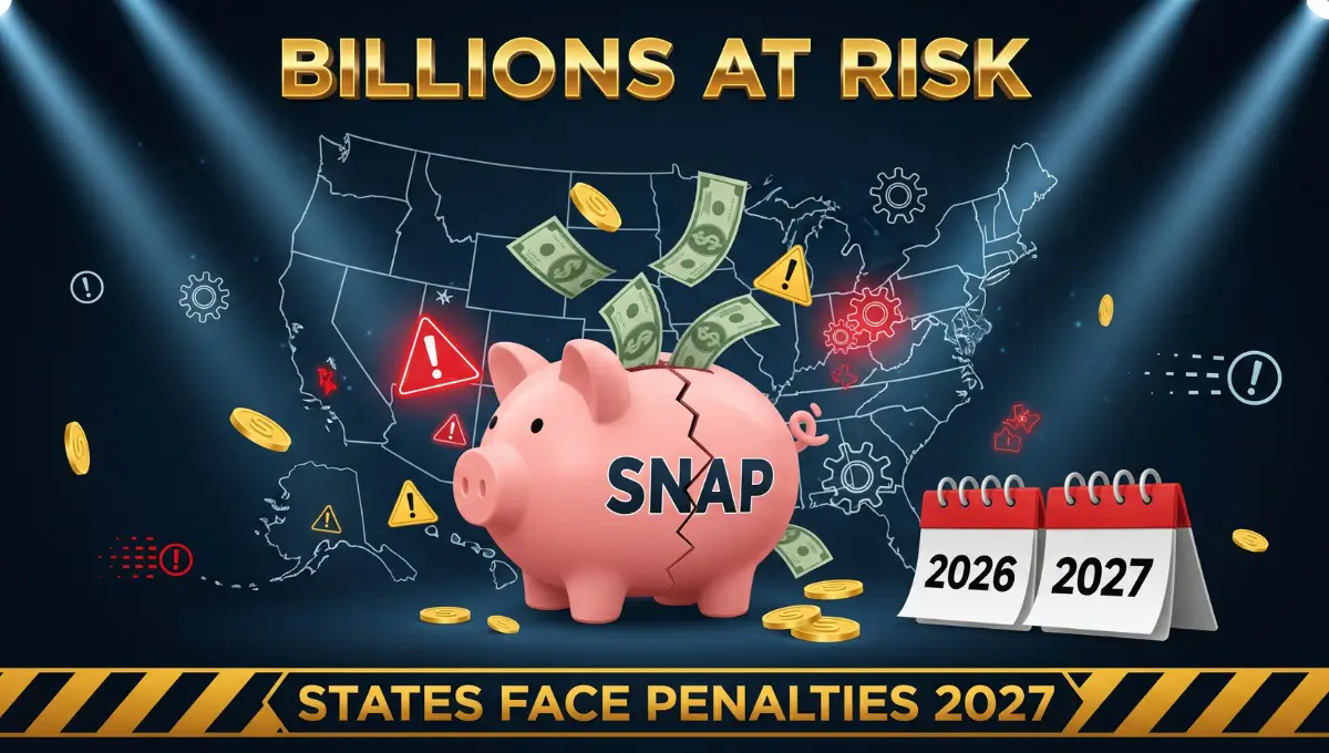 Vector graphic showing SNAP benefit penalties with broken piggy bank, dollar bills, and 2027 calendar representing billions at risk for states with high error rates