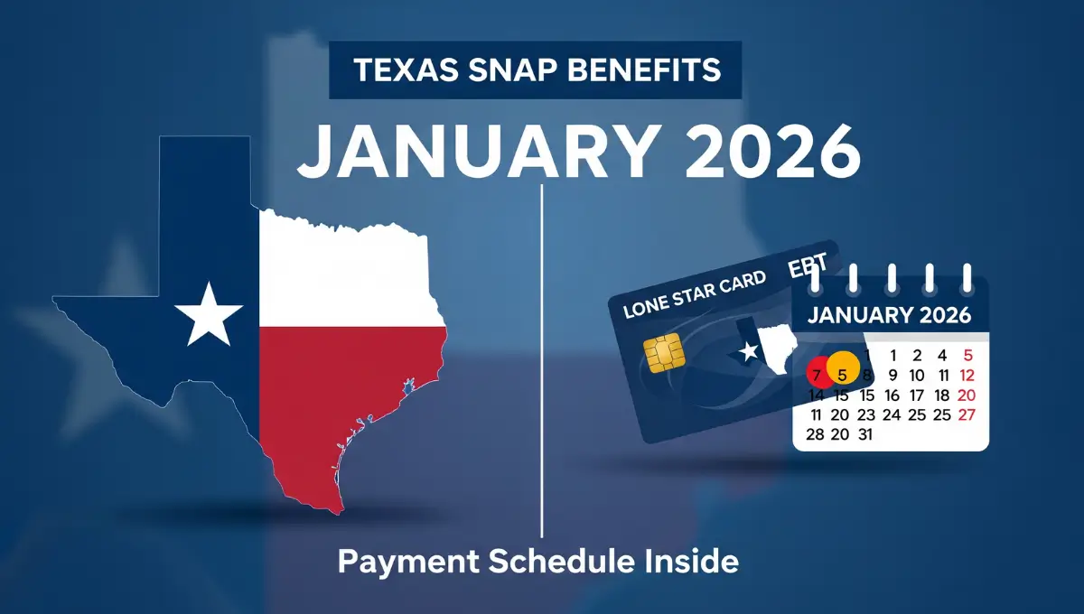 Texas SNAP payment schedule for January 2026 showing deposit dates from January 1-28 based on EDG number
