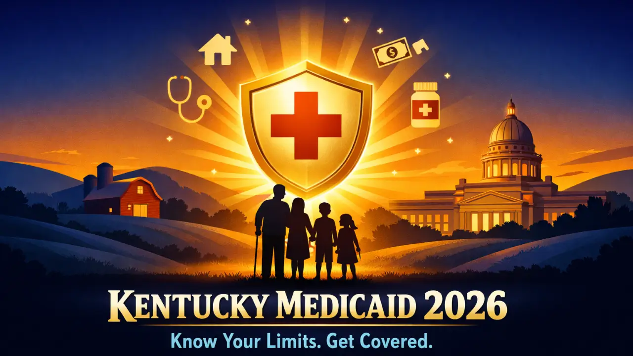Kentucky Medicaid income limits 2026 — family covered under a medical shield with Kentucky state capitol