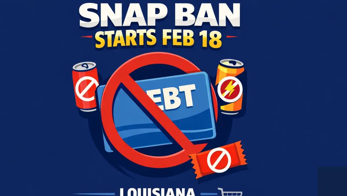 Louisiana SNAP EBT card with banned items including soda cans, energy drinks, and candy showing restriction symbol starting February 18, 2026