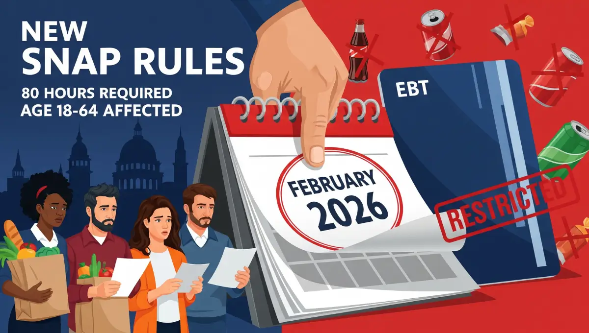 New SNAP February 2026 rules showing work requirements for ages 18-64 and food purchase restrictions with EBT card and banned items illustration