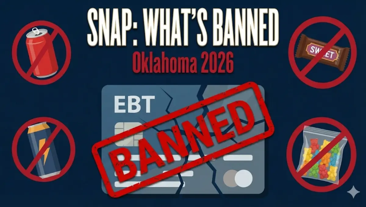 Oklahoma SNAP EBT card with banned junk food items crossed out under the 2026 Healthy Foods Waiver