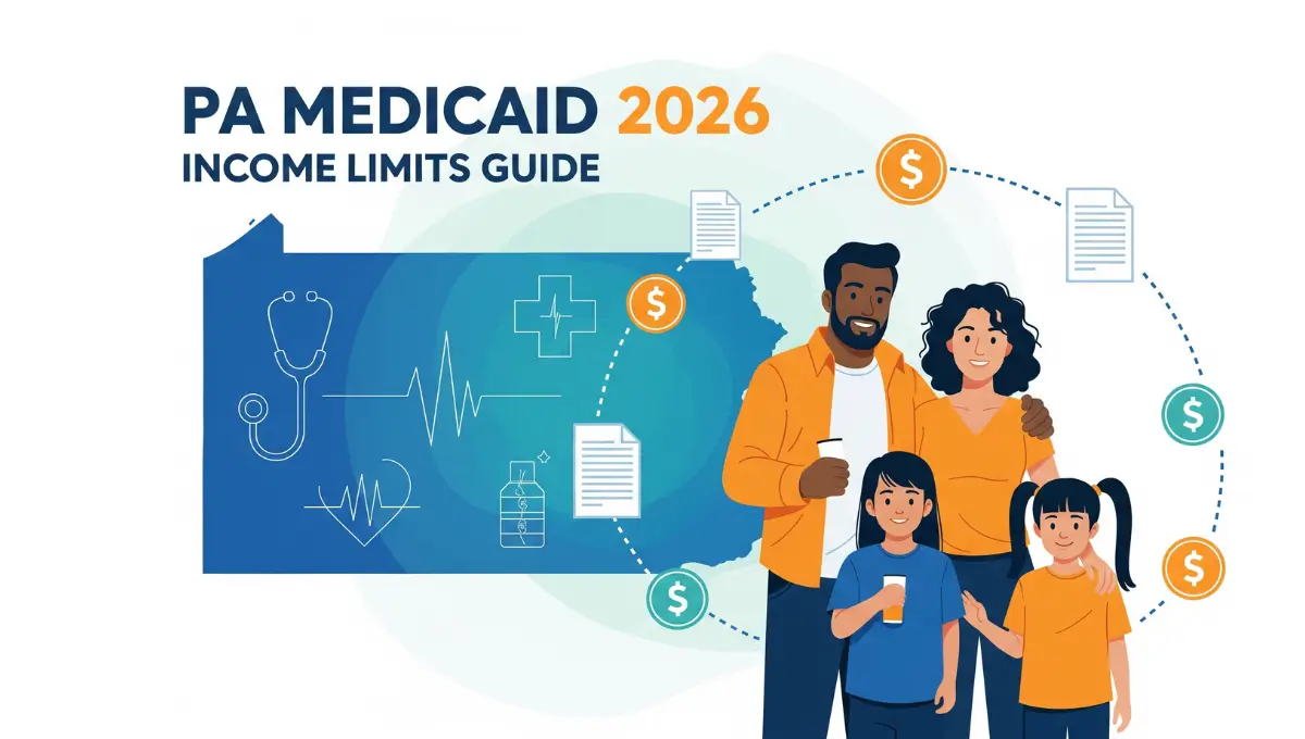 Pennsylvania Medicaid income limits 2026 vector illustration showing family with PA state map and eligibility income guidelines