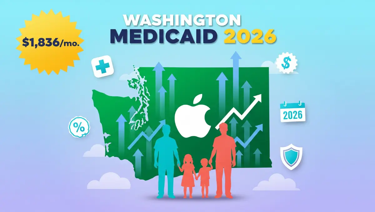 Washington Medicaid income limits 2026 infographic showing Apple Health eligibility at $1,836 monthly for adults with family silhouettes and state map
