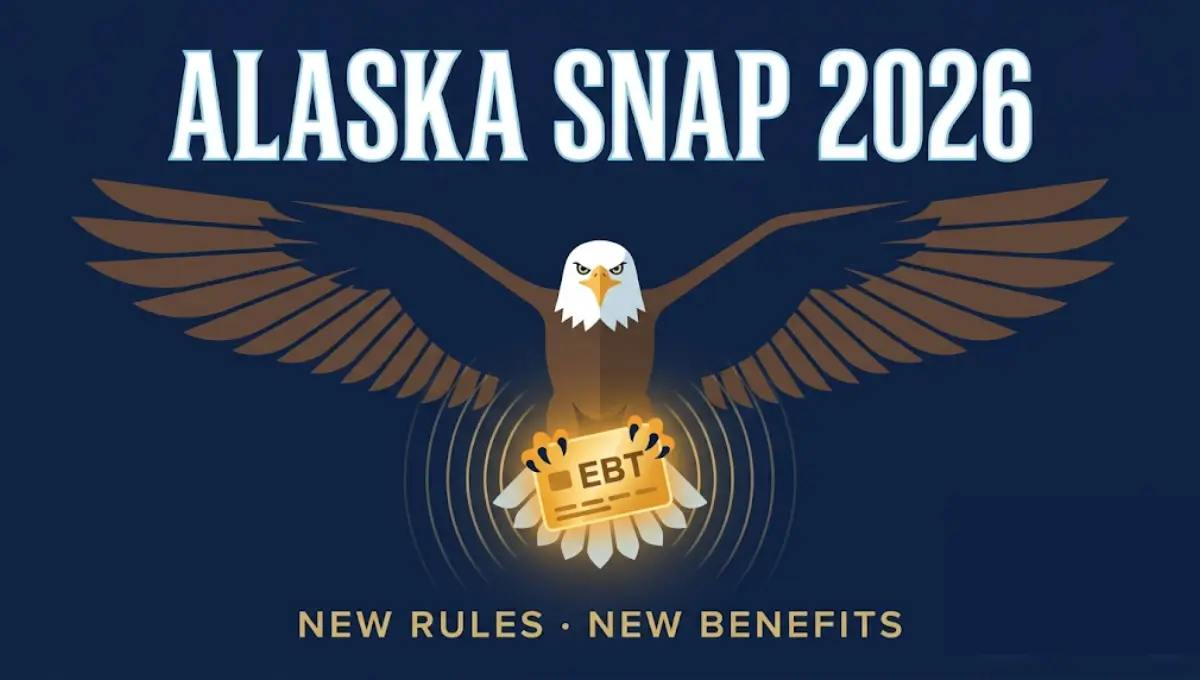 Alaska SNAP eligibility 2026 — income limits, work requirements, and benefit amounts illustrated with a bald eagle holding an EBT card