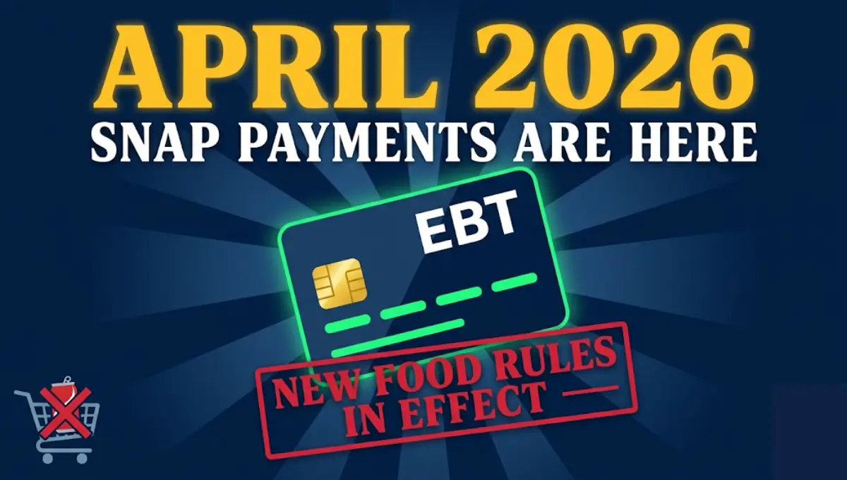 April 2026 SNAP payment schedule EBT card vector graphic with new junk food restriction alert for Texas Virginia and Florida