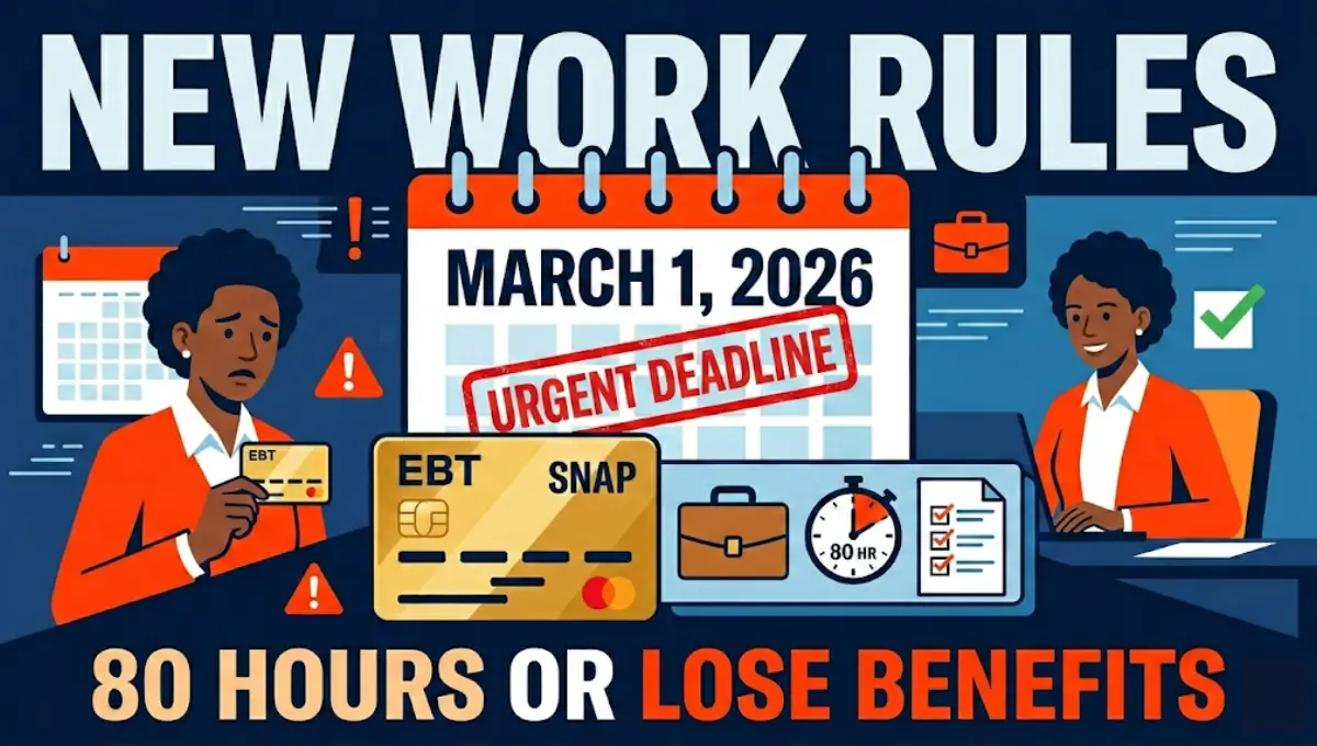 March 2026 SNAP work requirements showing 80-hour monthly rule with EBT card and calendar deadline graphic
