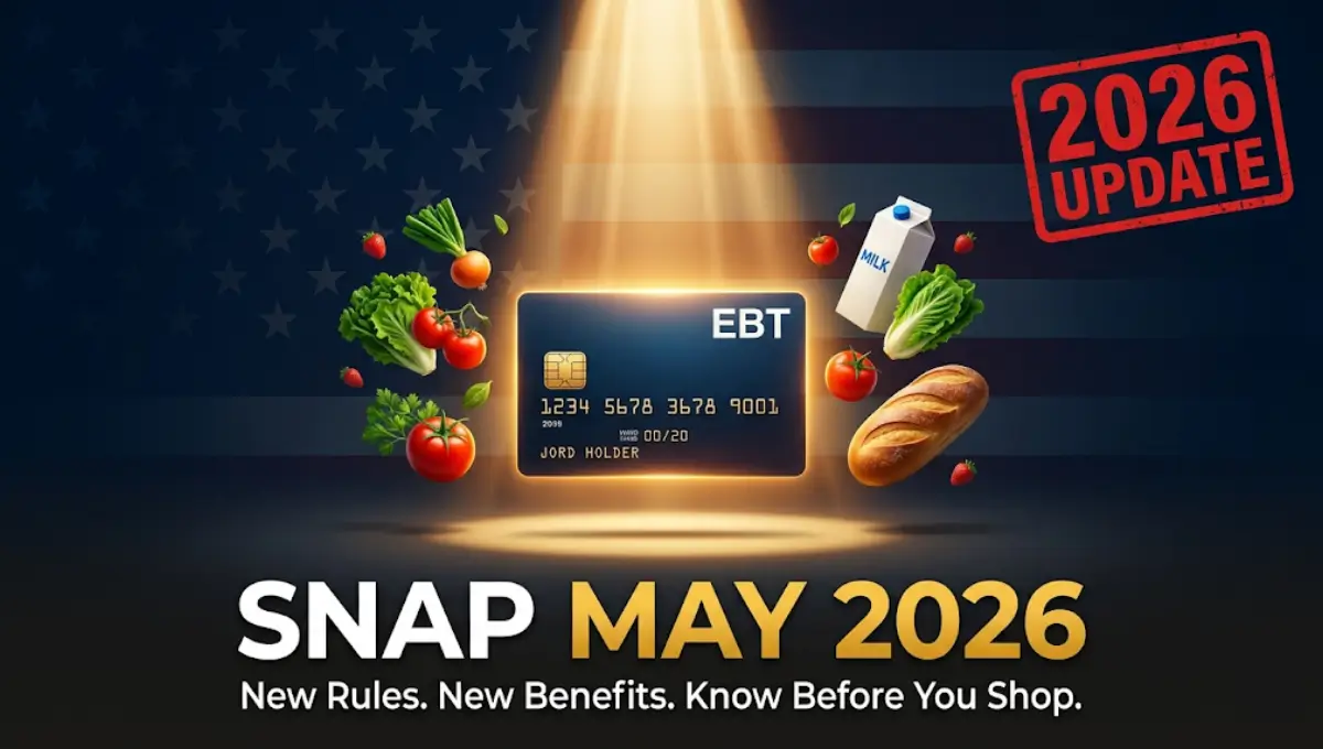 New SNAP update for May 2026 showing EBT card with updated benefit amounts, work requirements, and food stamp rule changes