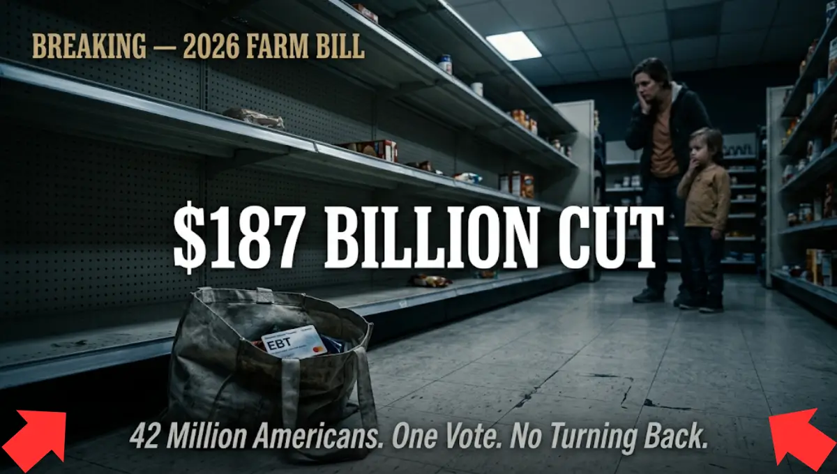 Empty grocery store shelf with EBT card representing $187 billion SNAP cuts in the 2026 Farm Bill affecting 42 million Americans