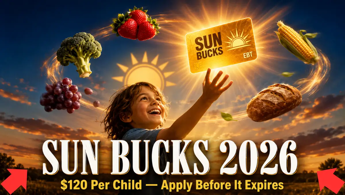 Child reaching for a glowing EBT card surrounded by groceries — How to Apply for SUN Bucks 2026