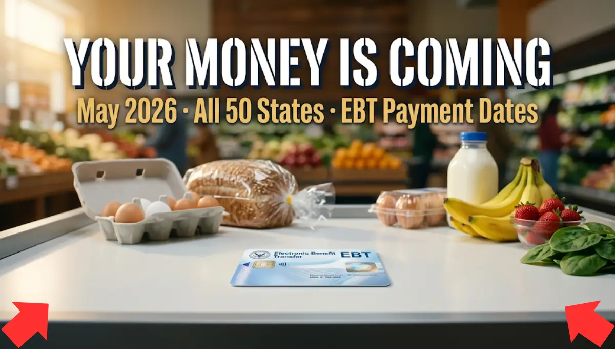 May 2026 SNAP EBT payment dates for all 50 states shown with EBT card and groceries