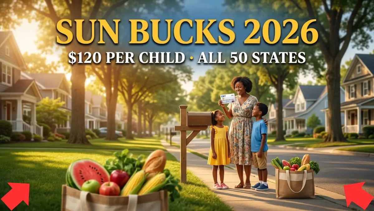 Mother and children receiving SUN Bucks 2026 EBT card with $120 summer grocery benefit