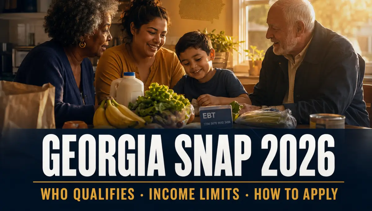 Georgia SNAP eligibility 2026 — family at kitchen table with EBT card and groceries showing who qualifies and income limits