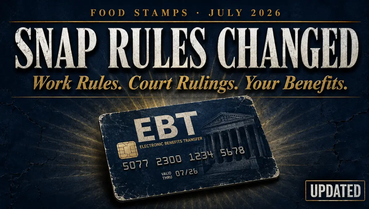 SNAP update July 2026 showing EBT card with text about work requirements and court ruling changes