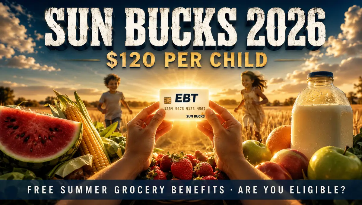 A mother holds an EBT card surrounded by fresh summer groceries as children play in a sunlit field — SUN Bucks 2026 provides $120 per child in free summer food benefits