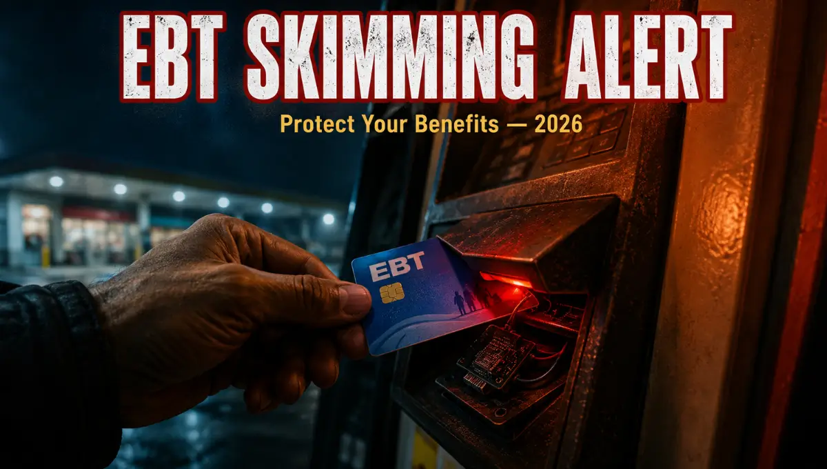 EBT card skimming warning graphic showing a hidden skimmer device on a card reader with 2026 benefit protection alert text