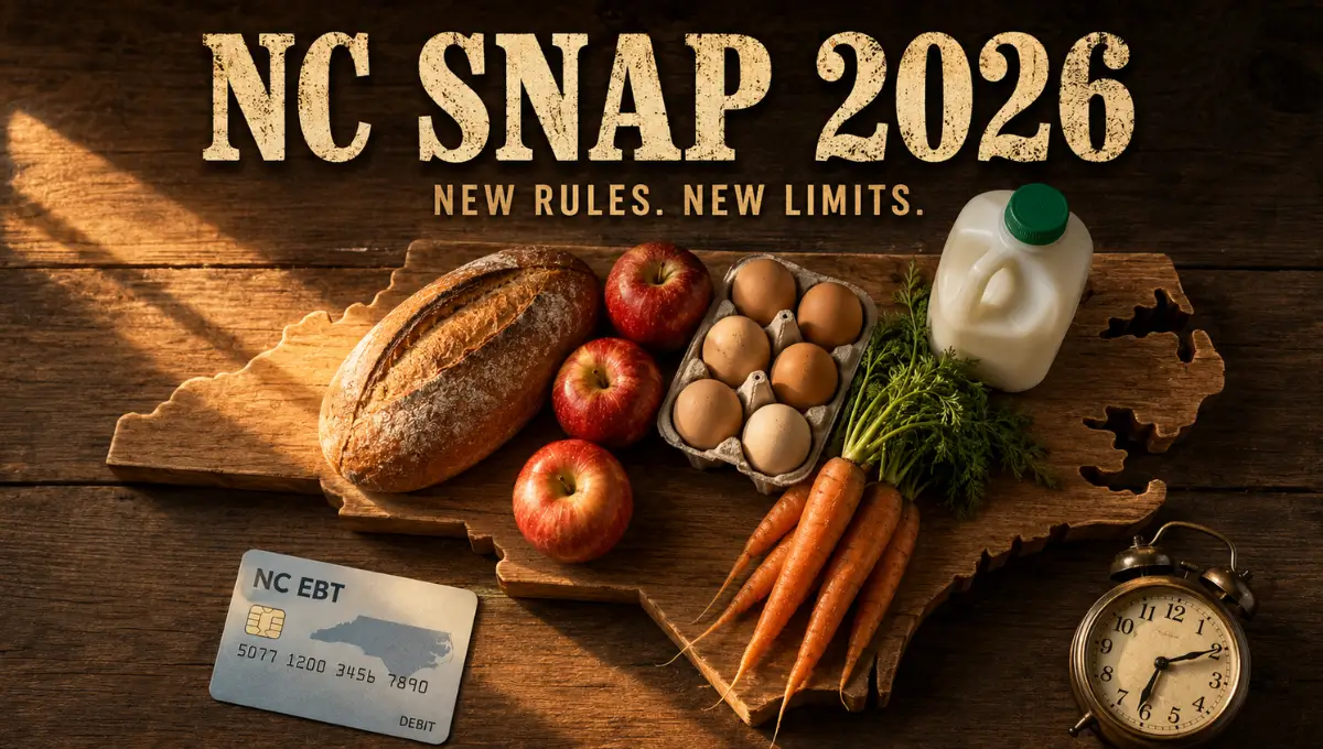North Carolina SNAP FNS eligibility 2026 groceries and EBT card on wooden table