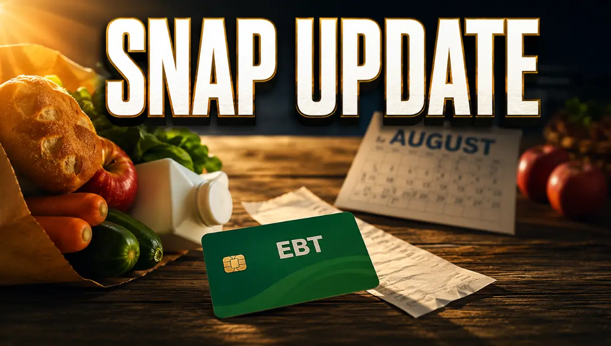 SNAP benefits update for August 2026 showing EBT card with groceries and payment schedule