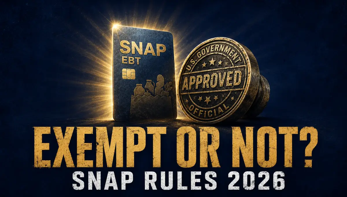 SNAP work requirement exemptions 2026 EBT card graphic with "Exempt or Not?" text