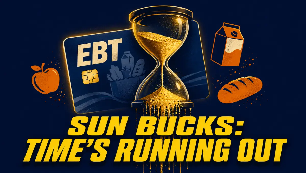 SUN Bucks expiration 2026 warning graphic showing EBT card and hourglass symbolizing the 122-day use-it-or-lose-it deadline
