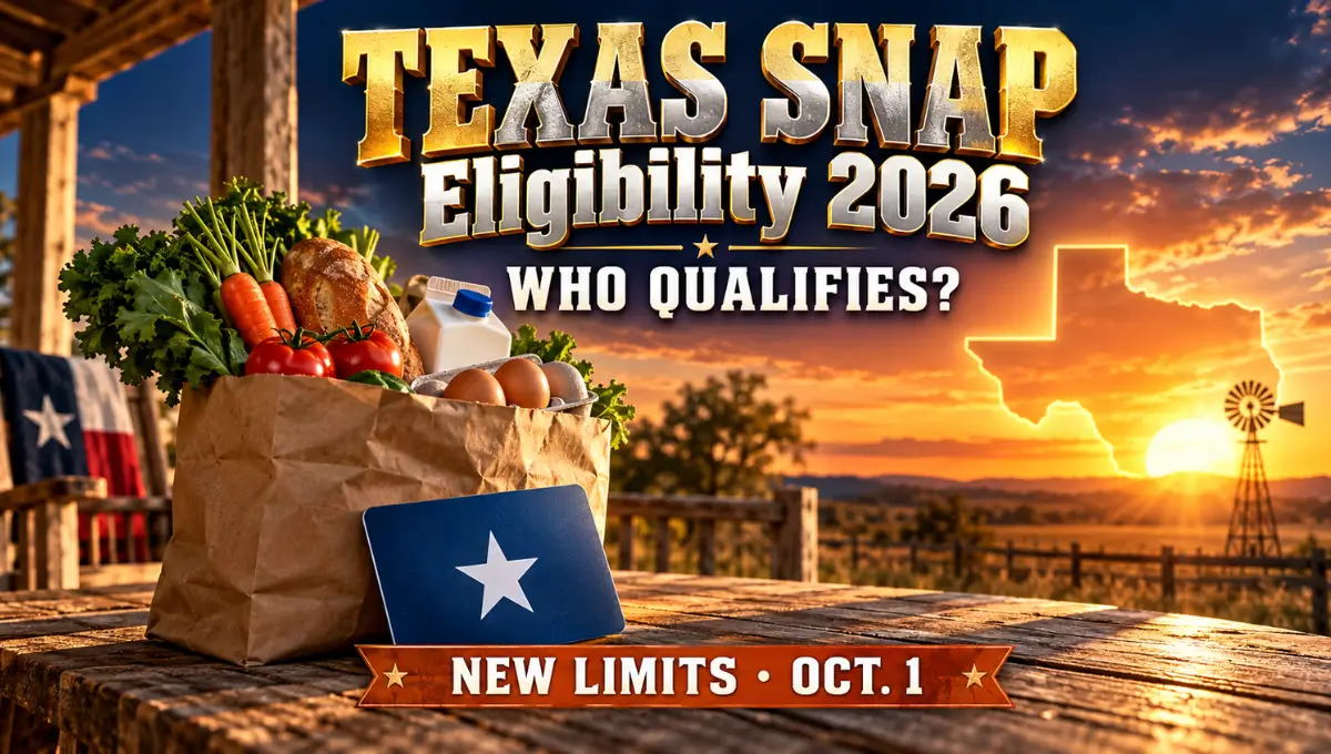 Grocery bag of fresh food and a SNAP EBT card on a Texas ranch porch at sunset, with the text "Texas SNAP 2026: Who Qualifies?"