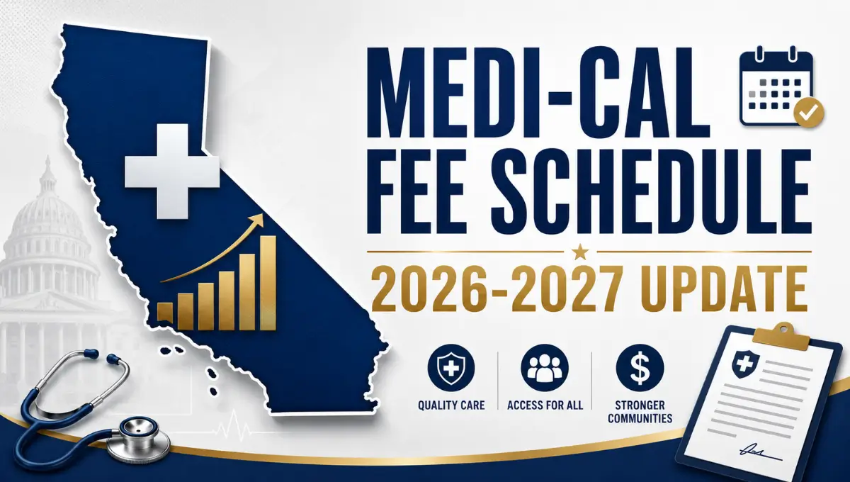 California Medi-Cal fee schedule 2026-2027 update illustration with state map and medical icons