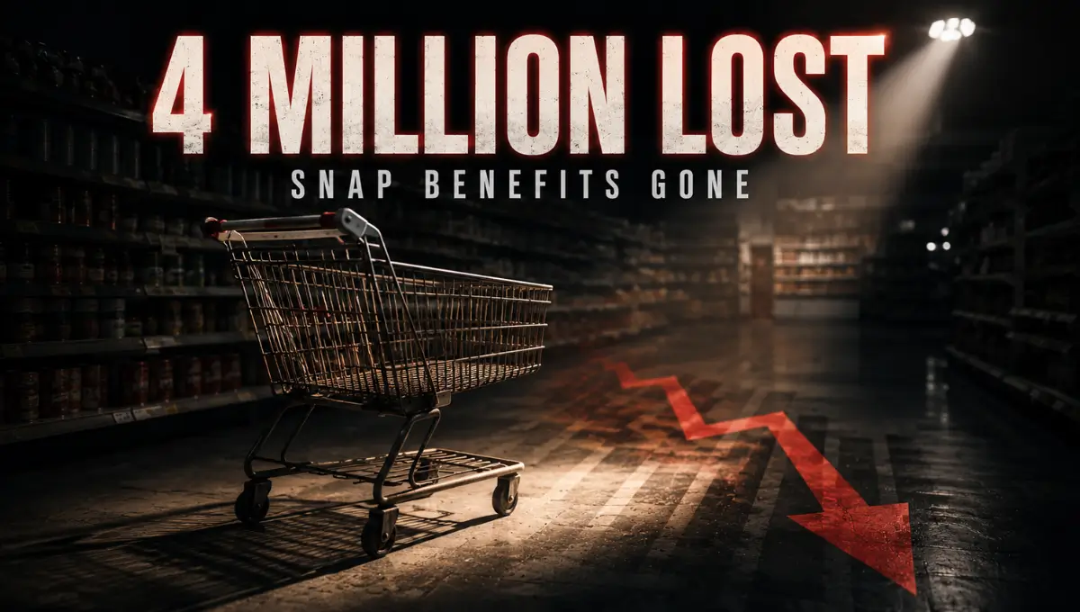 Empty grocery cart in a dim store aisle symbolizing 4 million people losing SNAP food stamp benefits