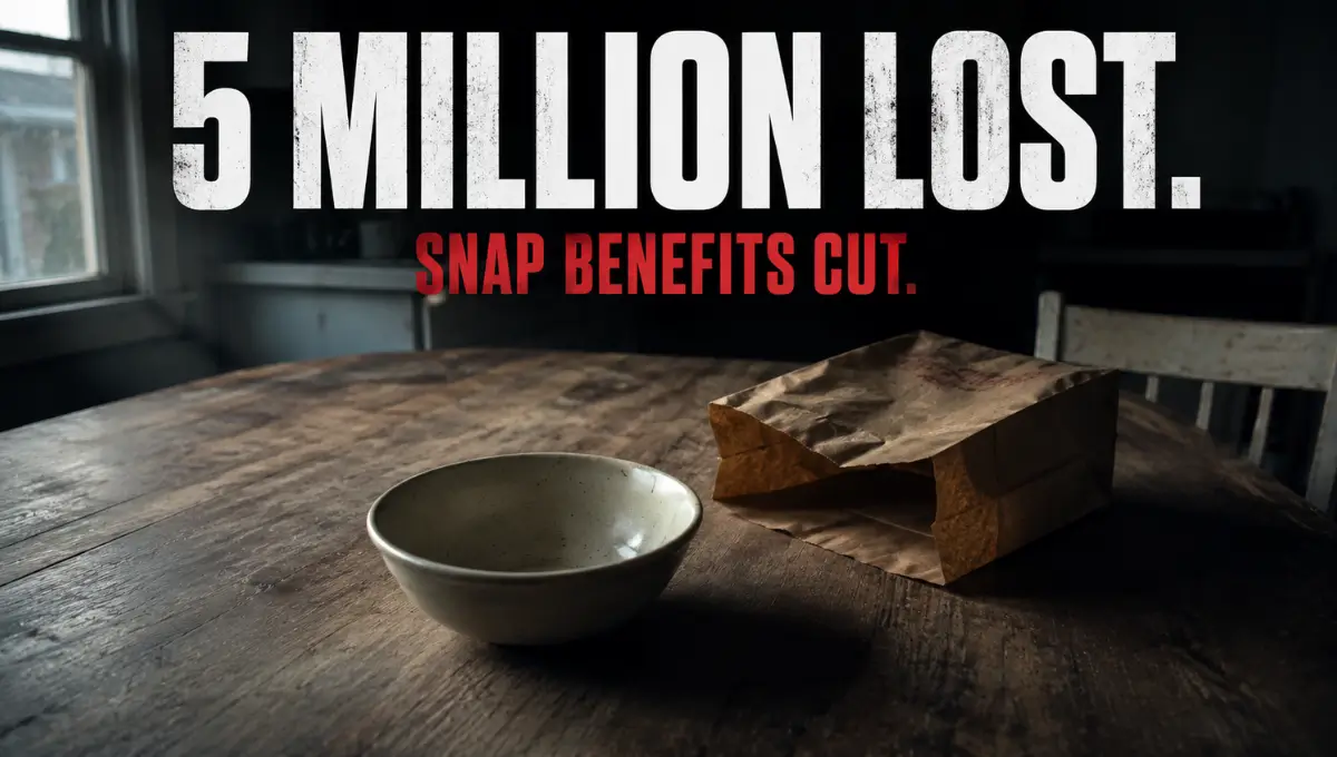Empty bowl and grocery bag on a bare table symbolizing 5 million Americans losing SNAP food stamp benefits in 2026